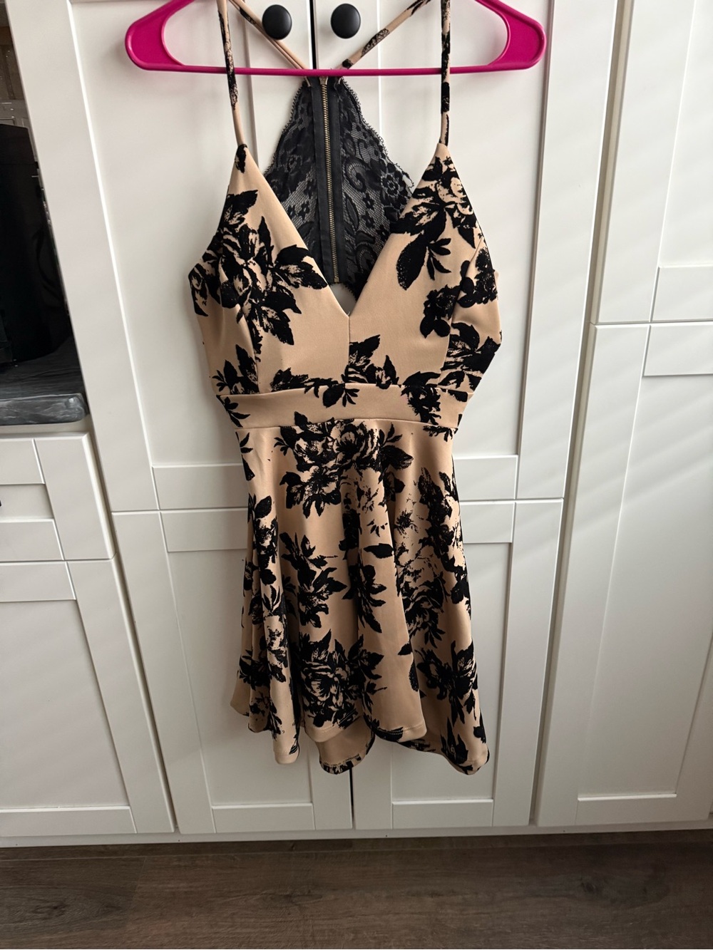Tan Floral Lace-Back Spaghetti Strap Dress